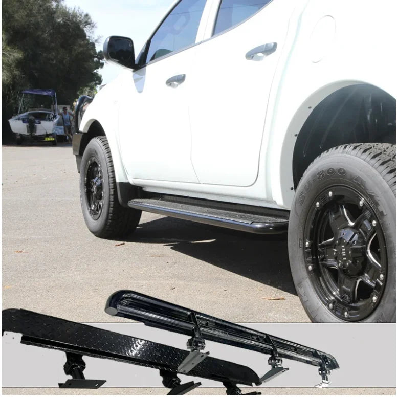 White Mitsubishi Triton with rockarmor steel rockslider checker plate step and black running boards visible on the side