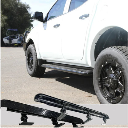White Mitsubishi Triton with rockarmor steel rockslider checker plate step and black running boards visible on the side