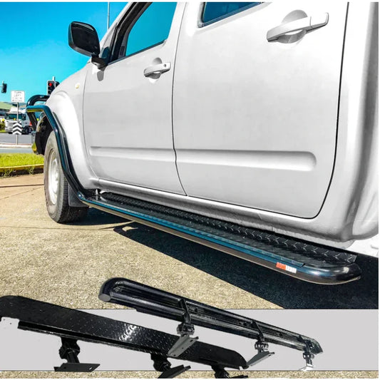 Rockarmor steel rockslider side steps in black steel checker plate for nissan navara d40 truck side protection