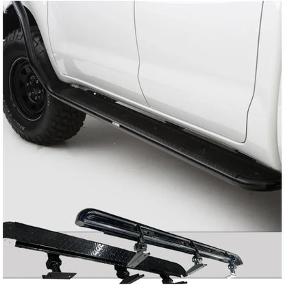 Black rockarmor steel rockslider side steps with checker plate step for toyota hilux n70 2005-2015 back side view