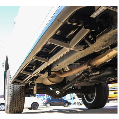 Truck undercarriage showing rockarmor steel rockslider side steps in checker plate compatible with brush bar for toyota hilux n90 2026+