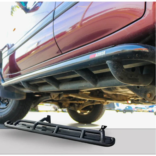 Black tubular side steps on Rockarmor Steel Rockslider suit Toyota Landcruiser Series Wagon Solid