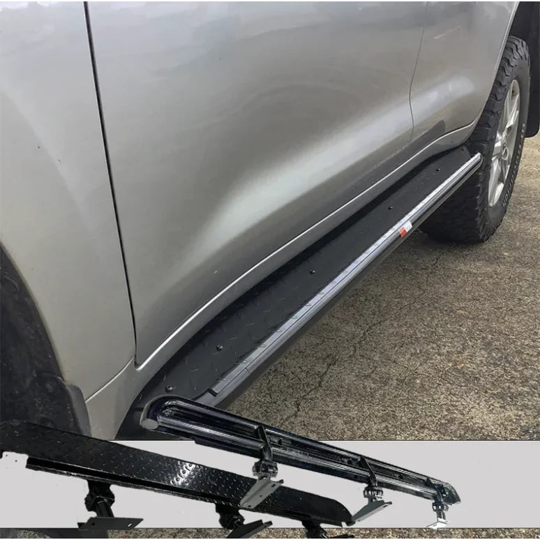 Silver toyota landcruiser 200 series with rockarmor steel rockslider checker plate step and black running boards