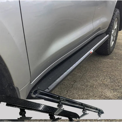 Silver toyota landcruiser 200 series with rockarmor steel rockslider checker plate step and black running boards