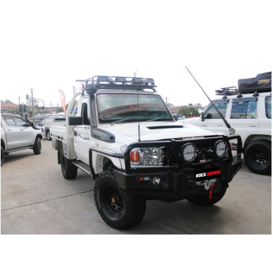 White off-road pickup truck fitted with rockarmor steel rockslider side steps made of steel checker plate for Toyota Landcruiser suit