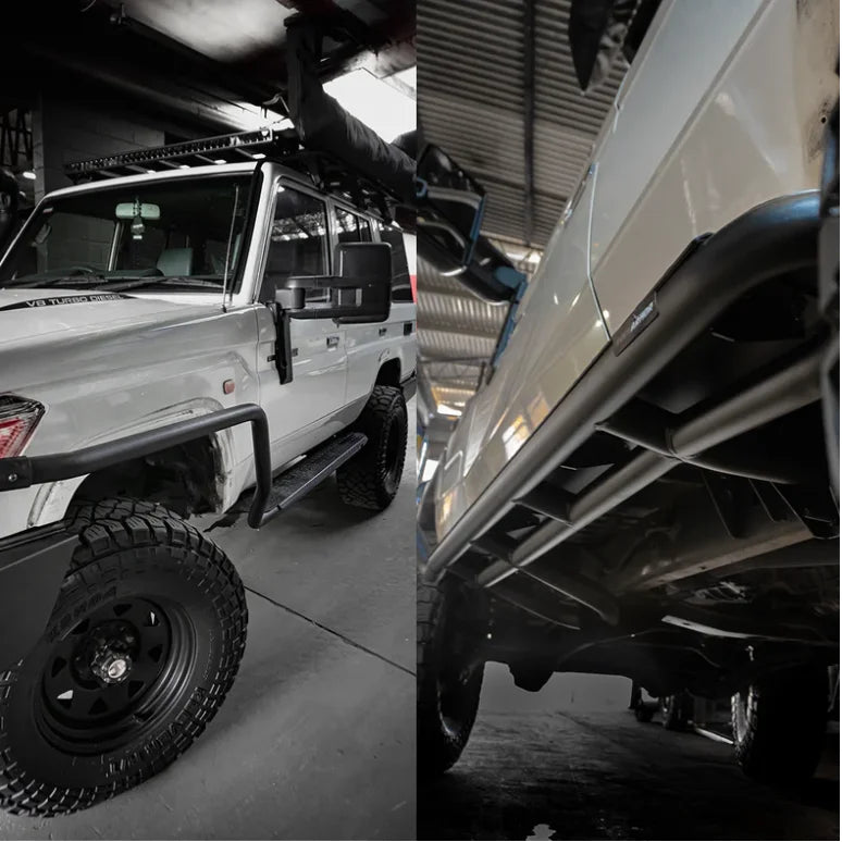 White off-road vehicle fitted with rockarmor steel rockslider checker plate step for toyota landcruiser 76 and 79 series
