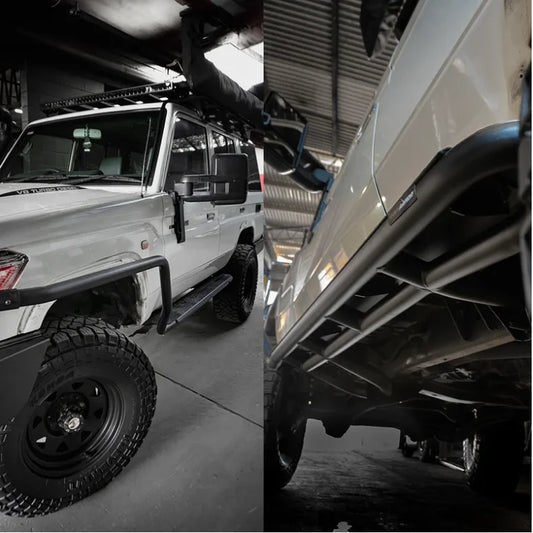 White off-road vehicle fitted with rockarmor steel rockslider checker plate step for toyota landcruiser 76 and 79 series
