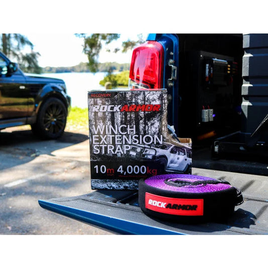 Rockarmor winch extension strap 10m 4000kg with durable orange synthetic material and branded packaging