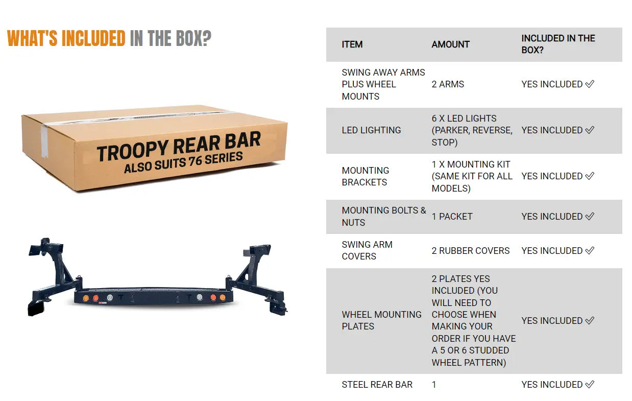 Troopy rear bar with dual wheel carrier for Toyota Landcruiser Fj75, Fj76, Fj78 spare wheel